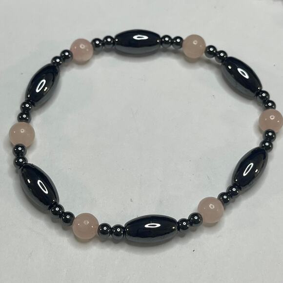 Rose quartz and maybe hematite necklace and stretch bracelet set petite trendy - Picture 5 of 8